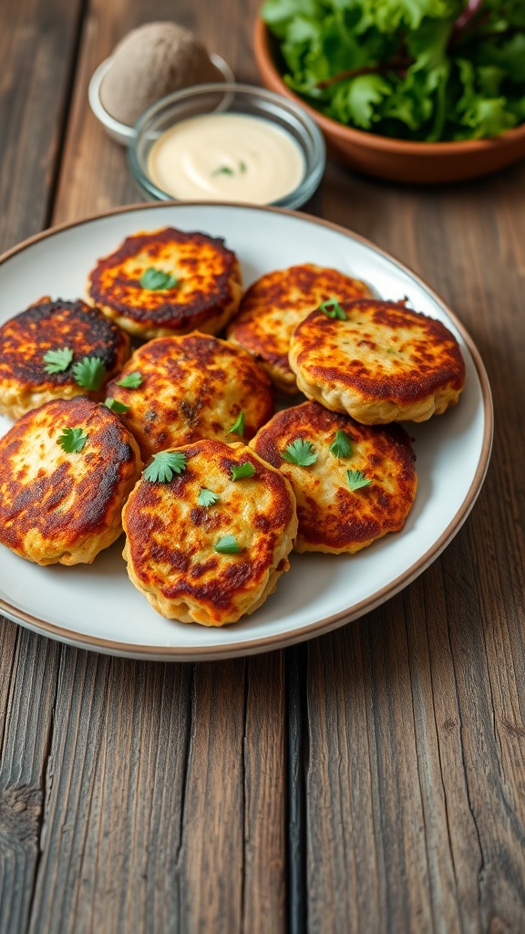Golden chicken patties on a plate with herbs and dipping sauce on a rustic table.